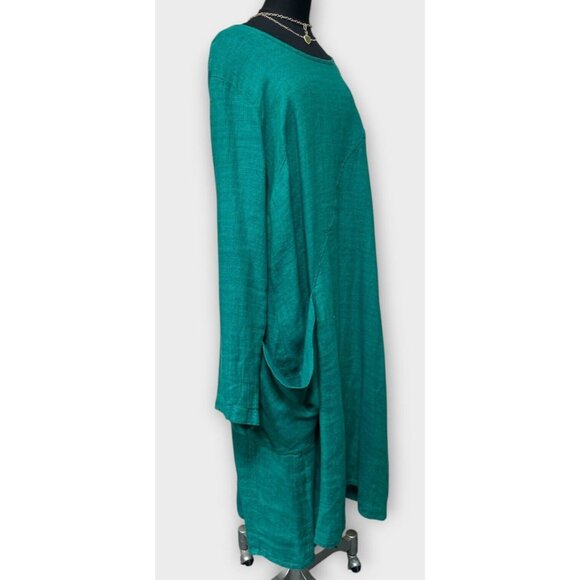 FLAX Womens Maxi Dress Size L Teal 100% Linen Long Sleeve Pockets Lagenlook - Picture 1 of 10